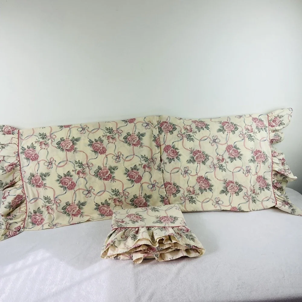 Vintage Stevens Full Flat Sheet Cases Pink Floral Roses Blue Ribbon Made in USA
